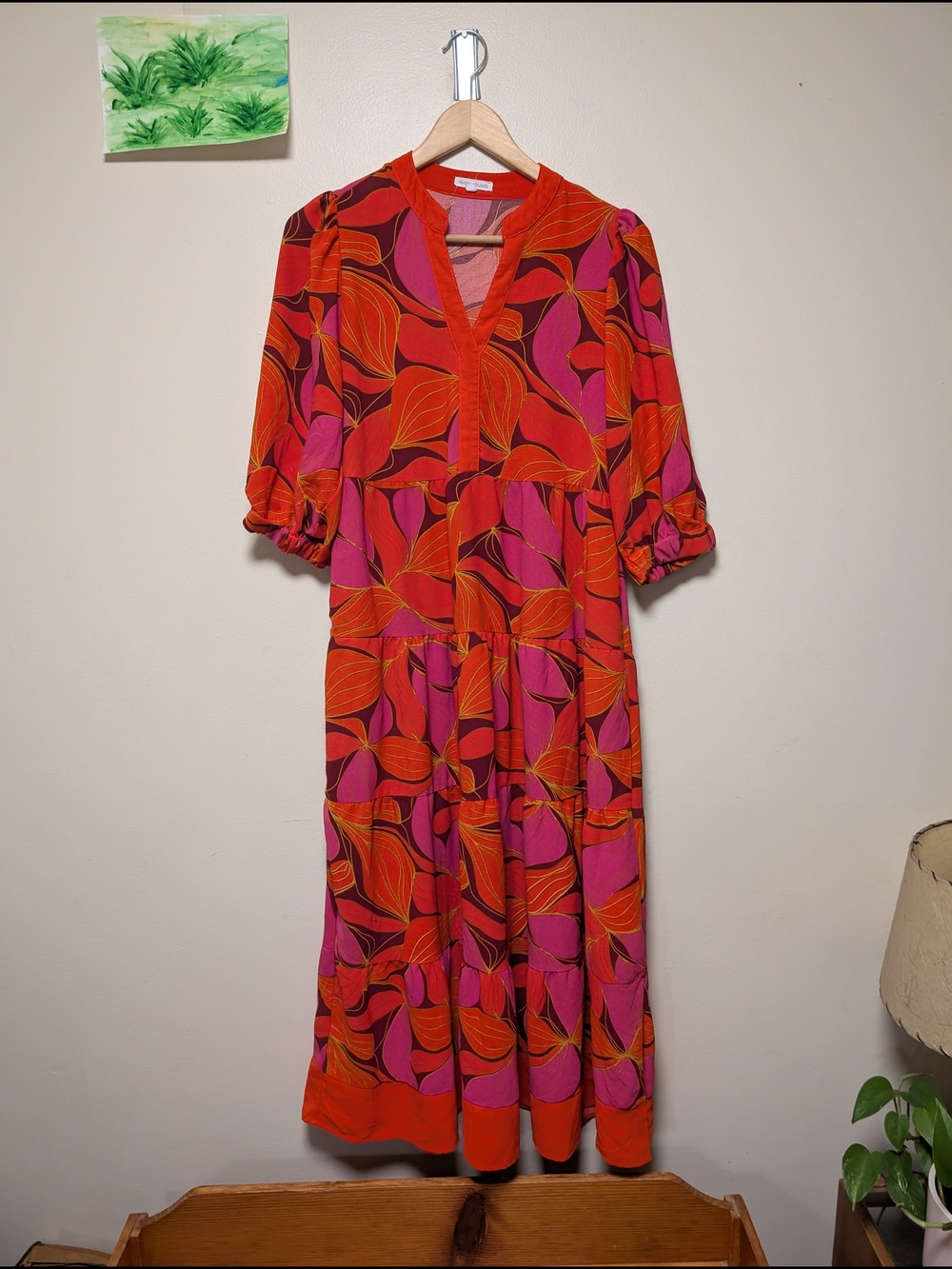 Mary Square Size M Orange Pink Floral Tiered Maxi Dress Puff Sleeve Boho